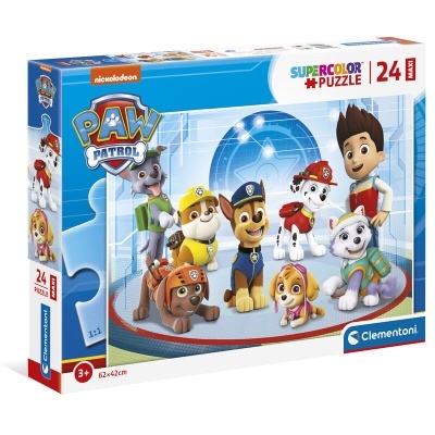 Caixa de quebra-cabeças PAW Patrol com 24 peças, imagem dos personagens principais em fundo azul e branco