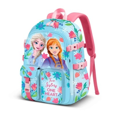 Mochila infantil azul clara com estampas de flores, personagens Elsa e Anna e texto Two Sisters ONE HEART