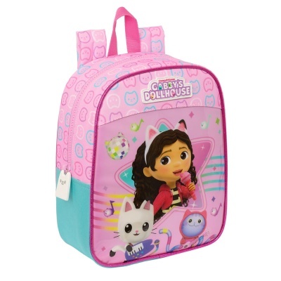 Mochila rosa e azul com personagens animados e texto GABBY'S DOLLHOUSE