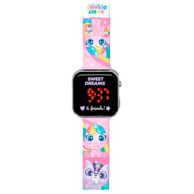 Relógio digital infantil com bracelete rosa decorado com unicórnio e gato.