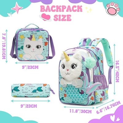 Conjunto de mochila infantil azul turquesa com unicórnio 3D e padrão colorido