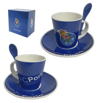 Conjunto de chávenas de café azul do FC Porto com prato e colher