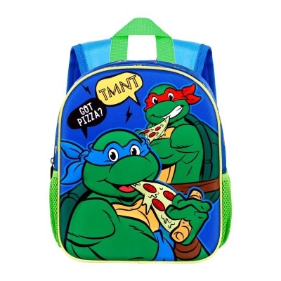Mochila azul com estampa de tartarugas ninja a comer pizza