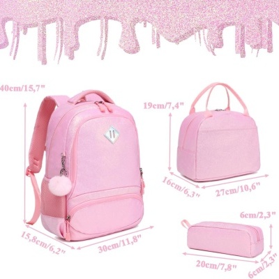 Conjunto rosa de mochila, bolsa e estojo com medidas