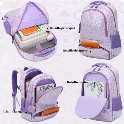 Mochila lilás com padrão de corações e múltiplos bolsos aberta e fechada