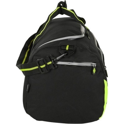 Bolsa desportiva preta com detalhes amarelo fluorescente e fechos prateados