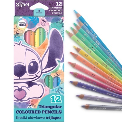 Embalagem colorida de lápis de cor triangulares Stitch com 12 unidades e lápis dispostos ao lado