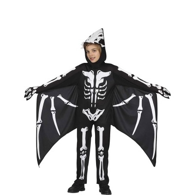 Fantasia infantil preta com padrão de esqueleto branco e asas