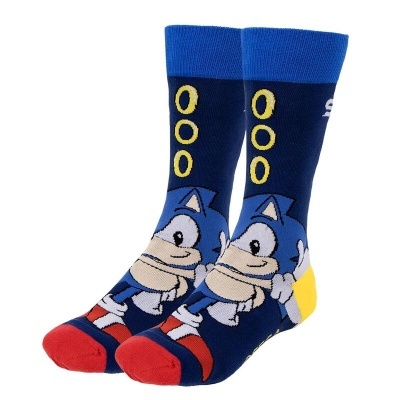 Meias com estampa do personagem Sonic em cores azul, vermelho e amarelo