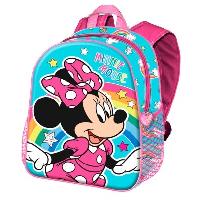 Mochila infantil rosa e azul com estampa da Minnie Mouse, estrelas e arco-íris