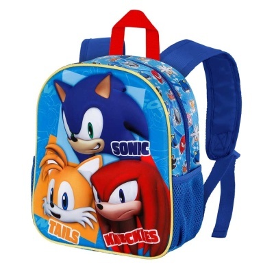 Mochila azul com personagens Sonic, Tails e Knuckles na frente