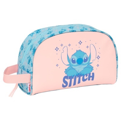 Necessaire rosa e azul com padrão Stitch e o personagem Stitch desenhado