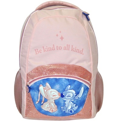 Mochila rosa com bolso azul e texto 'Be kind to all kind.' e imagem de dois animais desenhados