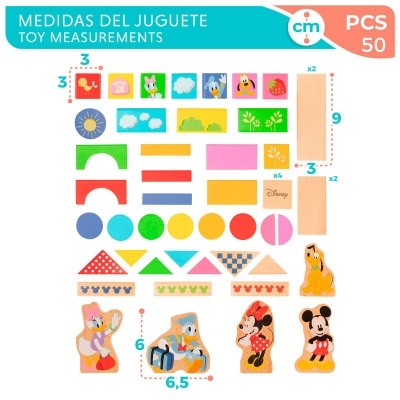 Peças de brinquedo de madeira coloridas com personagens Disney e formas variadas