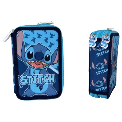 Estojo azul com desenho do Stitch e fechos com figuras do Stitch