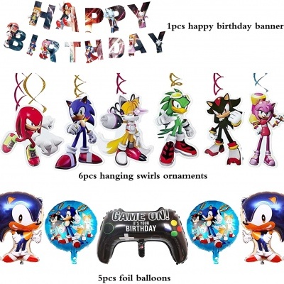 Conjunto de decoração de aniversário Sonic com banner, ornamentos suspensos e balões