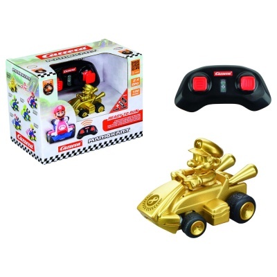 Carrinho Mario Kart dourado com comando e embalagem