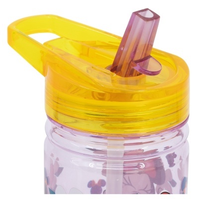 Garrafa plástica transparente com tampa amarela e bico roxo