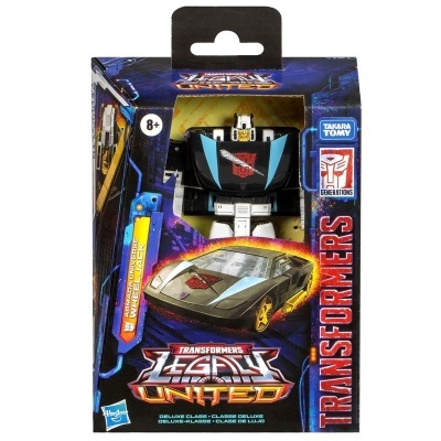 Figura Transformers Legacy United em embalagem com cores preto, azul, vermelho e amarelo