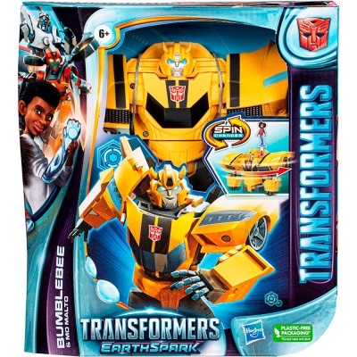 Transformador Bumblebee amarelo e preto na embalagem azul Transformers Earthspark