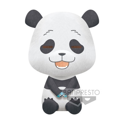 Peluche de panda branco e preto com pulseira azul.