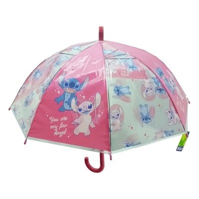 Guarda-chuva de criança rosa e branco com personagens Stitch e Angel e texto decorativo
