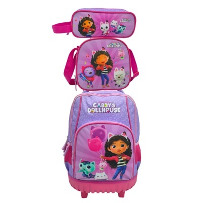 Conjunto de mochila, saco tiracolo e estojo escolares rosa e lilás com personagens de Gabbys Dollhouse