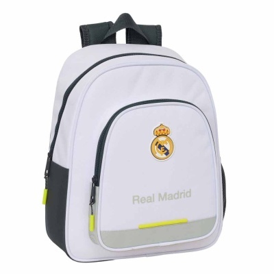 Mochila branca Real Madrid com logótipo e detalhes cinza e amarelos