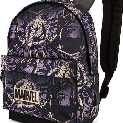 Mochila Marvel com padrão gráfico roxo, preto e bege e bolso frontal