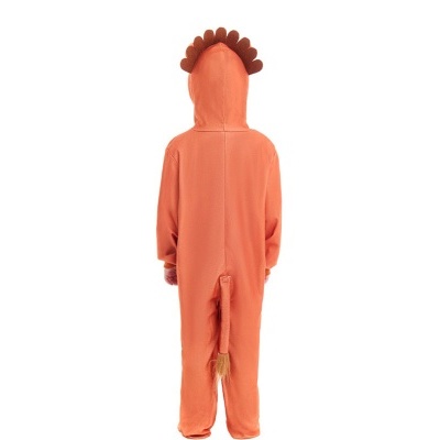 Macacão infantil laranja com cauda e capuz de animal, visto de costas