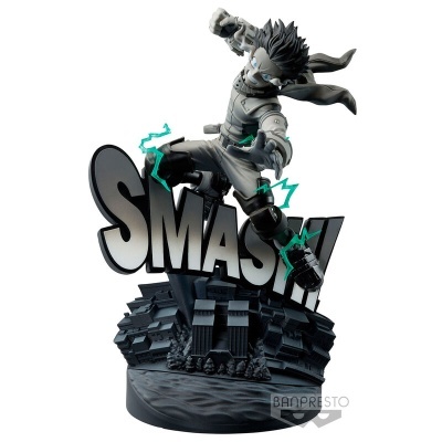 Figura de personagem a golpear a palavra SMASH! com base de edifícios destruídos