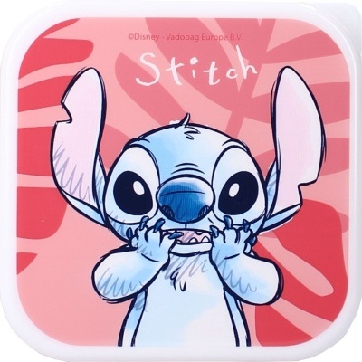 Embalagem com ilustração da personagem Stitch da Disney em fundo rosa e vermelho