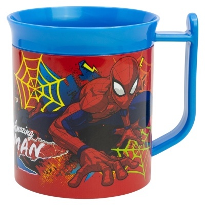 Caneca plástica azul e vermelha com imagem do Homem-Aranha