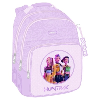 Mochila lilás com padrão ondulado e imagem de personagens femininas HUNTRX