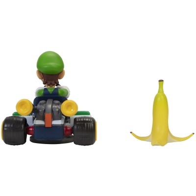 Figurina de personagem em kart e banana descascada lado a lado