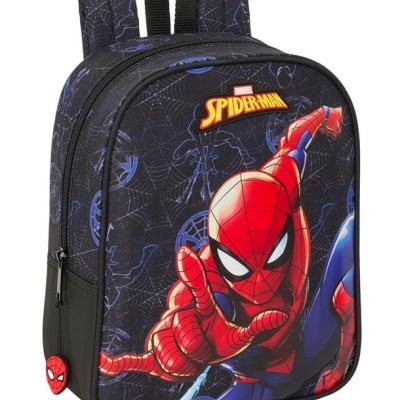 Mochila infantil preta com desenho do Homem-Aranha e padrão de teias de aranha