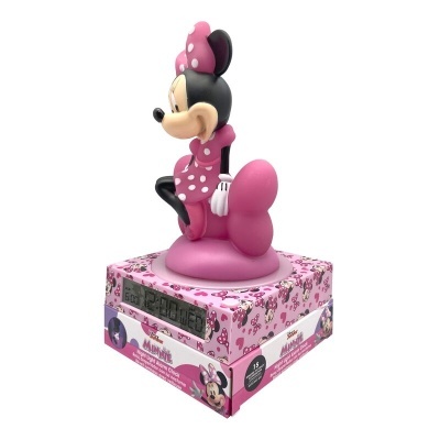 Relógio digital Minnie com figura e base rosa em caixa decorada