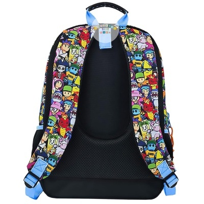 Mochila com padrão de personagens coloridos e alças azuis