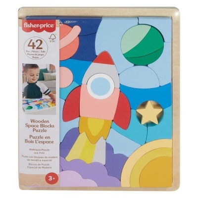 Puzzle de blocos de madeira Fisher-Price com figura de foguetão e planetas coloridos