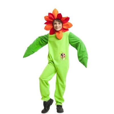 Fato infantil verde com pétalas vermelhas e laranja e estampa de joaninha