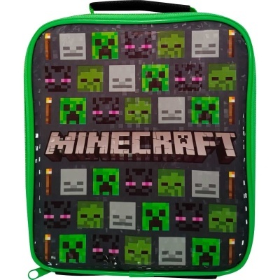 Mala escolar Minecraft com padrão de personagens e bordas verdes