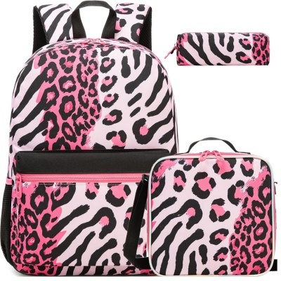 Conjunto mochila estojo lancheira rosa padrão animal print