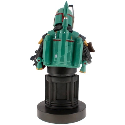 Estatueta de Boba Fett da saga Star Wars, costas com mochila a jato e base preta.