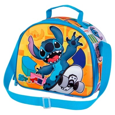 Mala térmica azul com personagem Stitch a andar de skate.