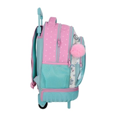 Mochila com rodas cor-de-rosa e azul turquesa com pompom cor-de-rosa