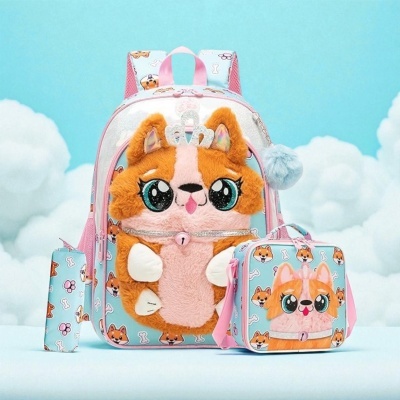 Mochila azul claro e rosa com desenho de cão e face peluda de cão, lancheira e estojo com padrão de cães e ossos.