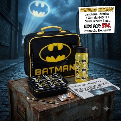 Conjunto Batman com lancheira, garrafa e sanduicheira em cenário urbano à noite