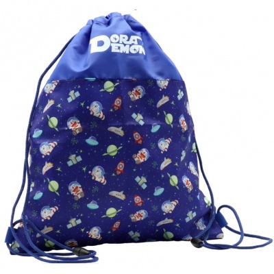 Mochila saco azul com padrão Doraemon e cordões pretos