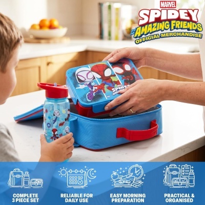 Conjunto de almoço infantil Marvel Spidey com caixa e garrafa em cozinha