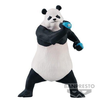 Figura de ação de panda preto e branco com luvas azuis em posição de luta